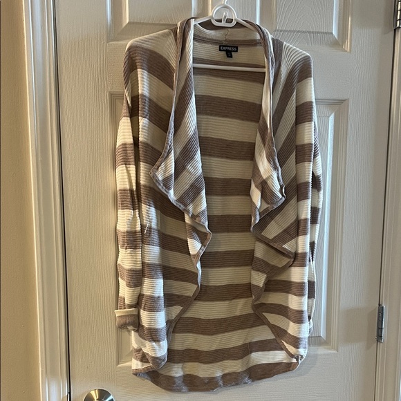 Express Sweaters - Express Cream and Brown Striped Open-Front Cardigan